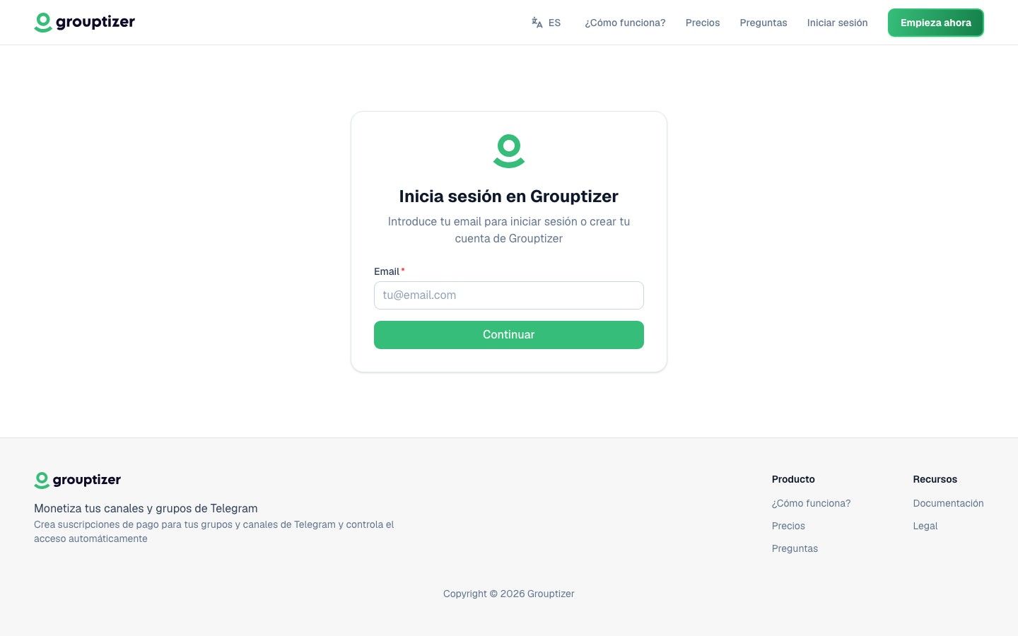 Pantalla de inicio de sesión de Grouptizer con acceso por email y código