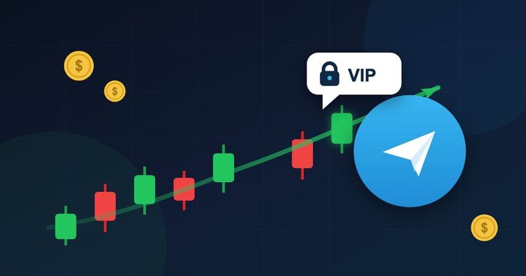 Grafico de velas ascendente con burbuja de chat VIP y avion de papel de Telegram