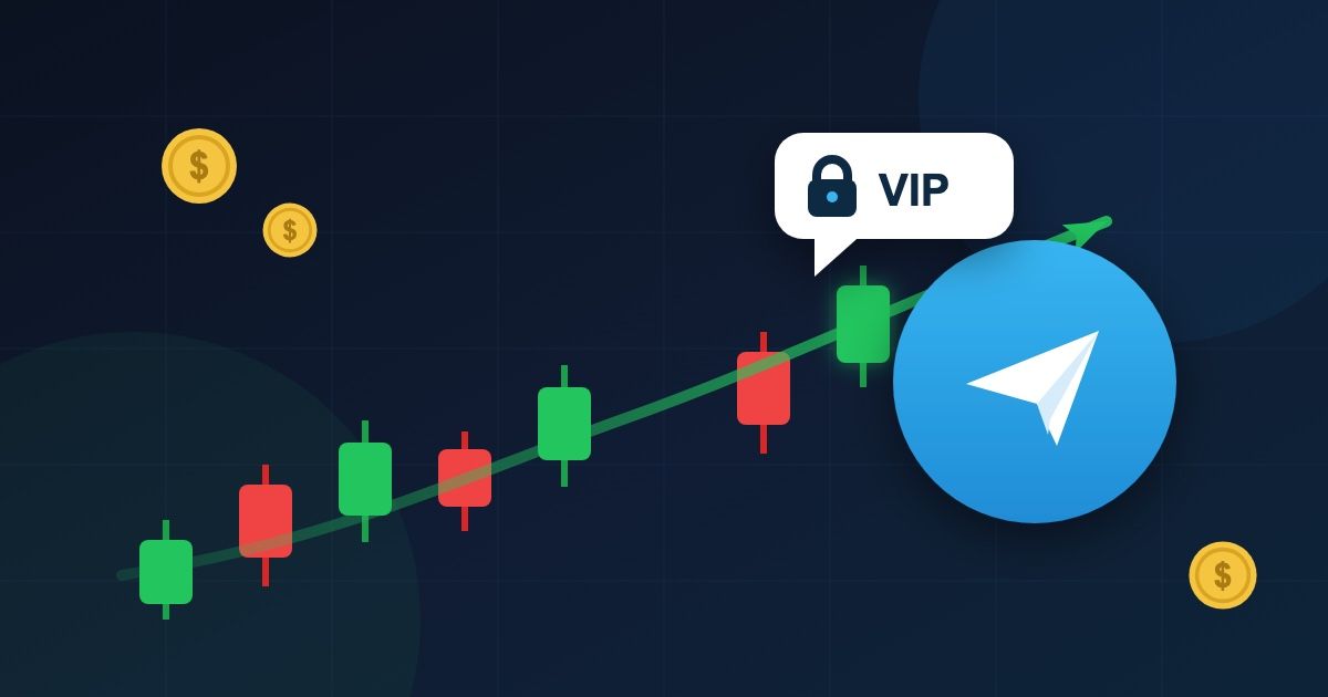 Grafico de velas ascendente con burbuja de chat VIP y avion de papel de Telegram