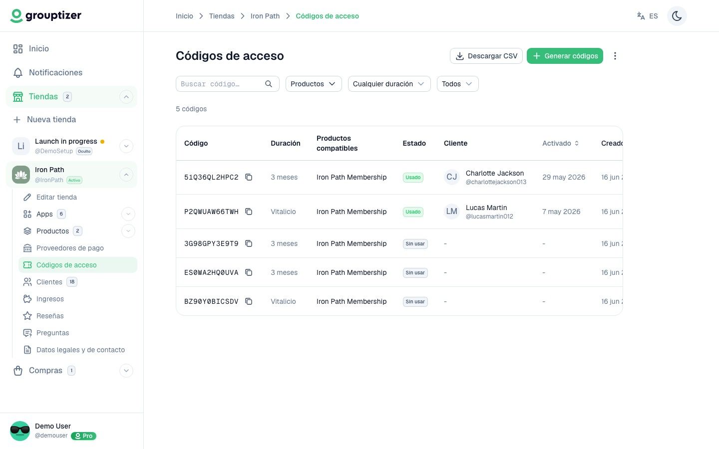Pantalla de Códigos de Acceso en Grouptizer