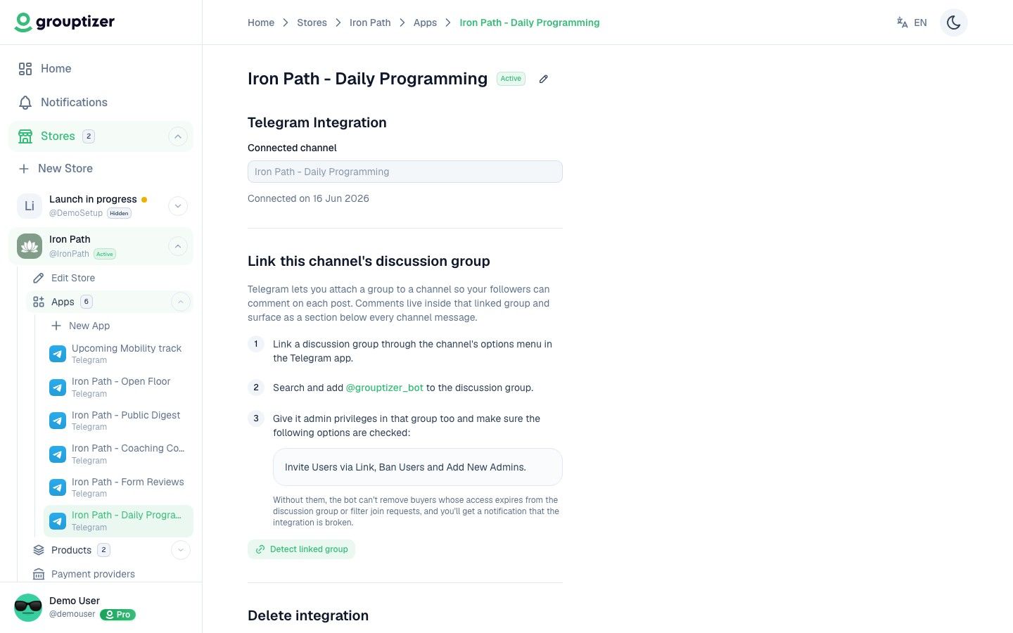 Verified Telegram integration ready inside Grouptizer