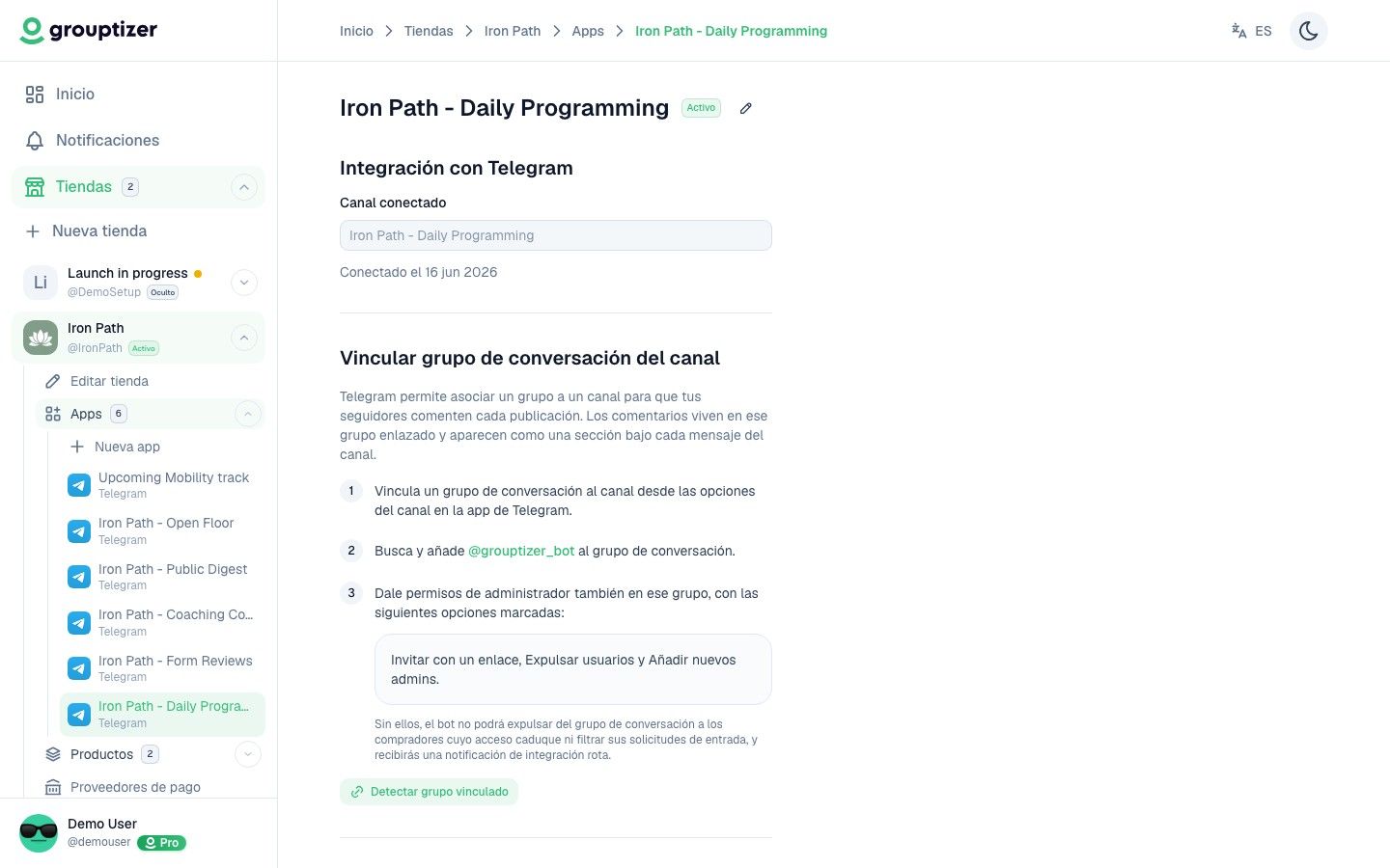 Integración de Telegram verificada y lista dentro de Grouptizer