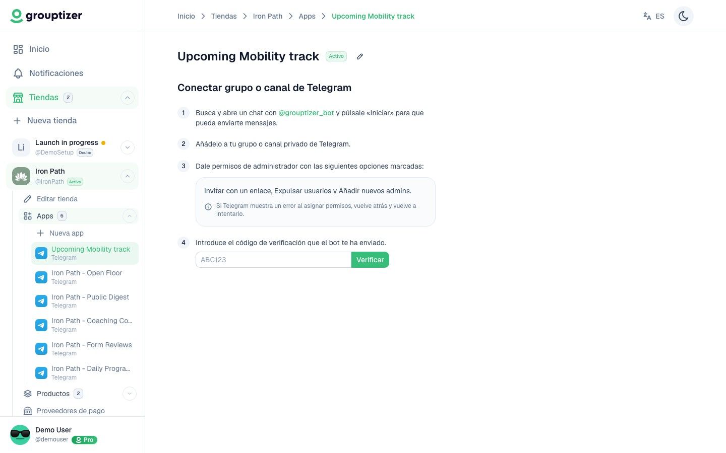 Pantalla de configuración de la integración de Telegram con los pasos de verificación