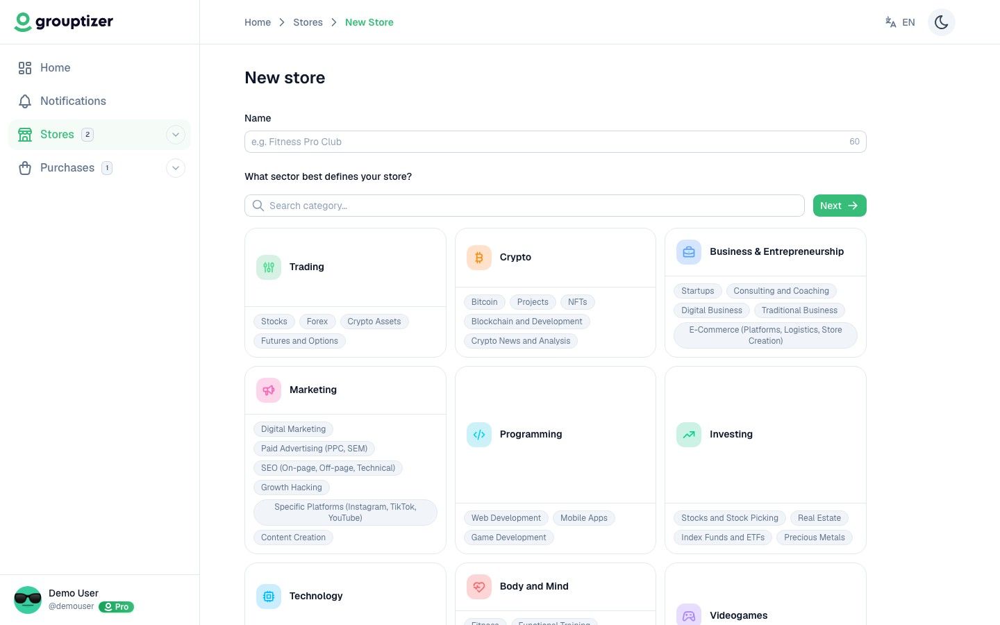 Store creation wizard in Grouptizer