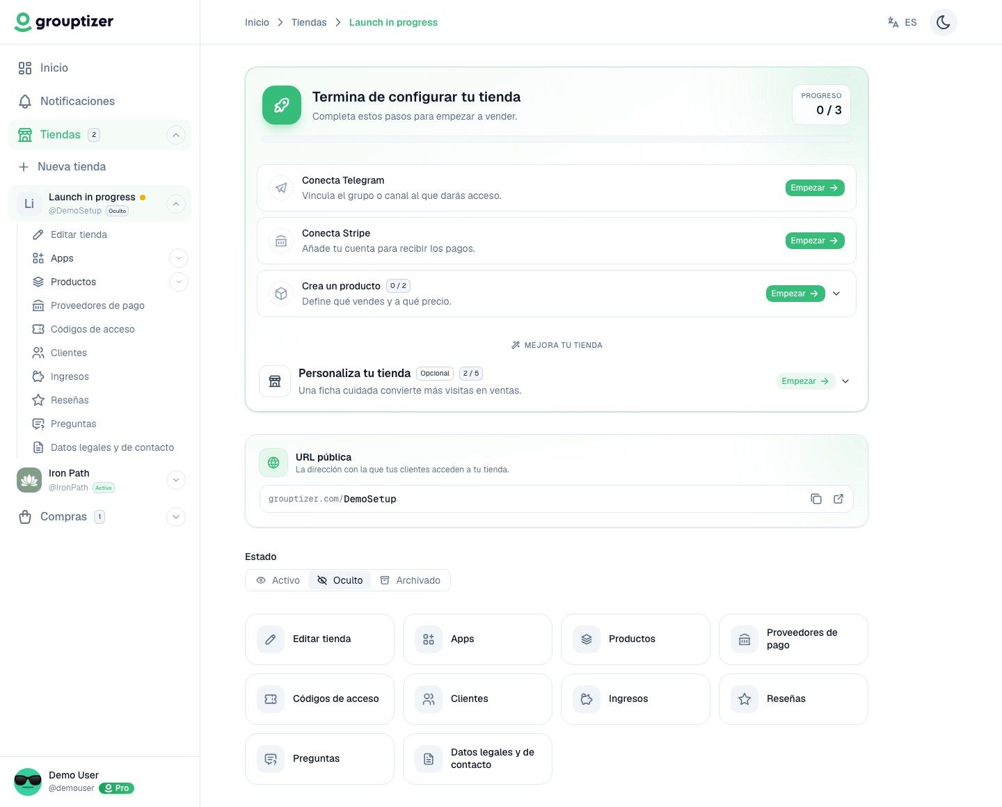 Panel de resumen de la tienda con la lista de tareas pendientes