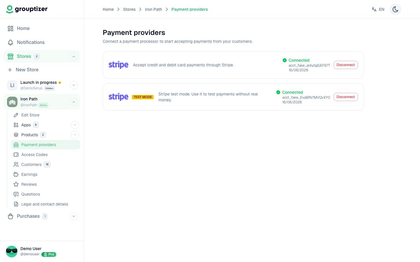 Payment providers screen with Stripe connected in Grouptizer