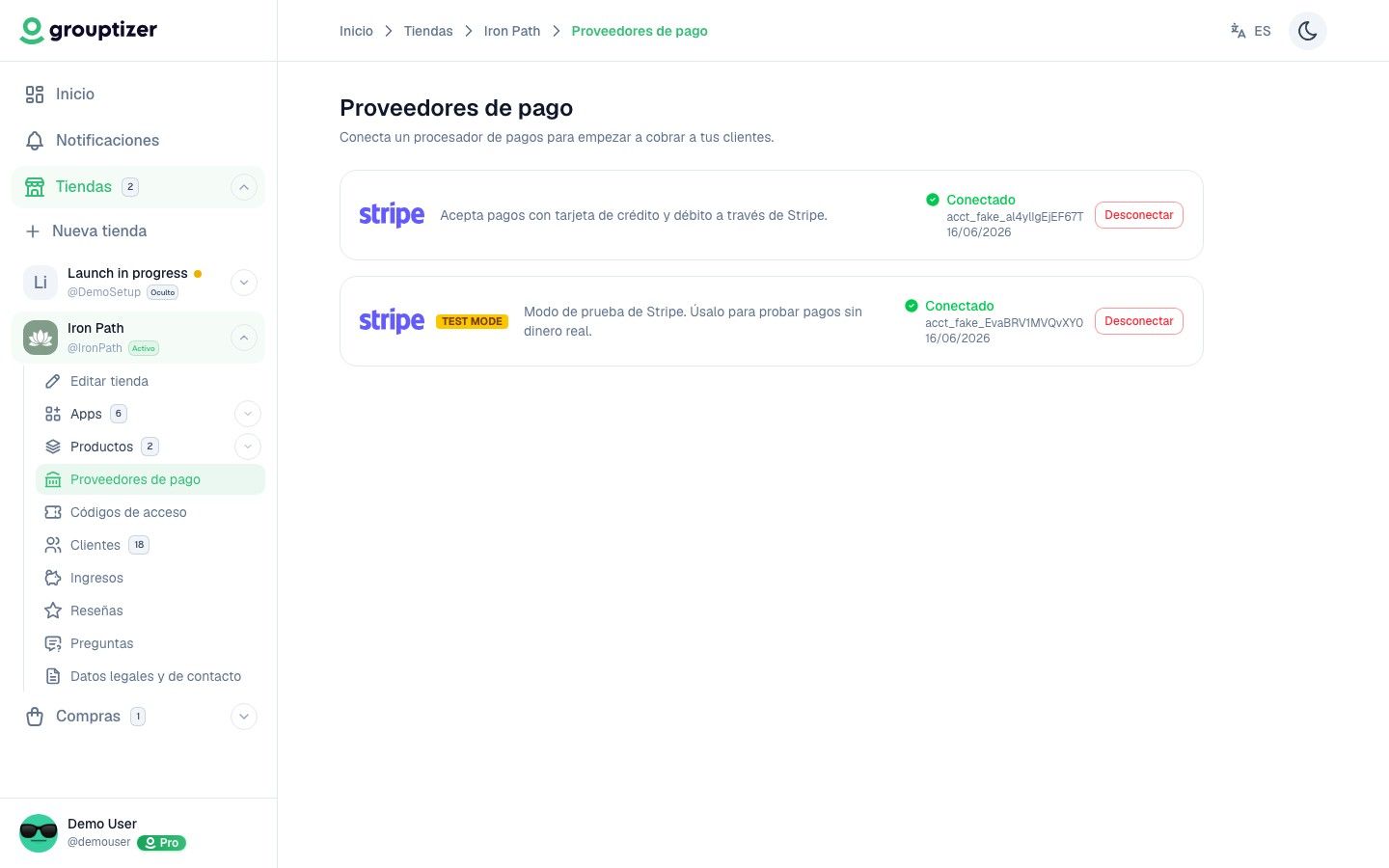 Proveedores de pago con Stripe conectado en Grouptizer