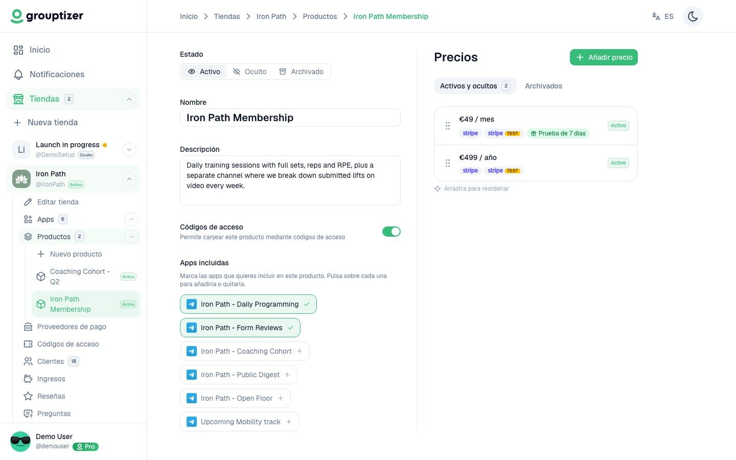 Detalle de un producto en Grouptizer con descripción y apps incluidas